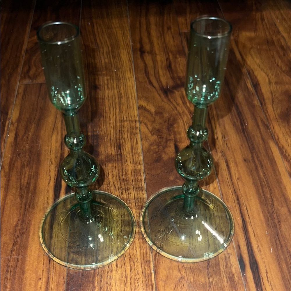 Vintage Green Glass Candle Holders with Ribbed Design